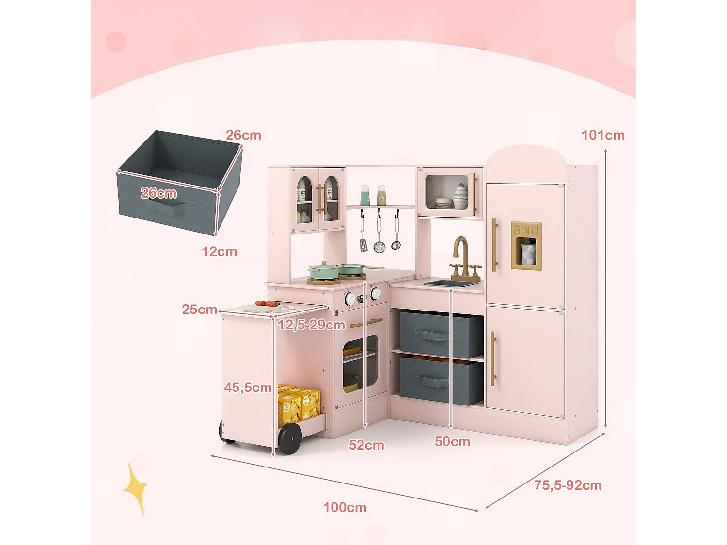 Cucina ad angolo con luci e suoni Set da gioco in legno con piano di lavoro estraibile Lavello Fornello Forno Frigorifero Rosa