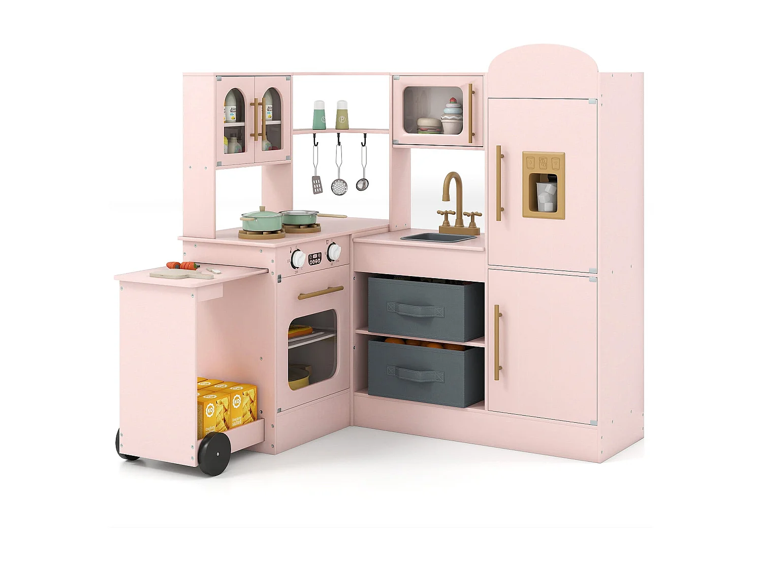 Cucina ad angolo con luci e suoni Set da gioco in legno con piano di lavoro estraibile Lavello Fornello Forno Frigorifero Rosa