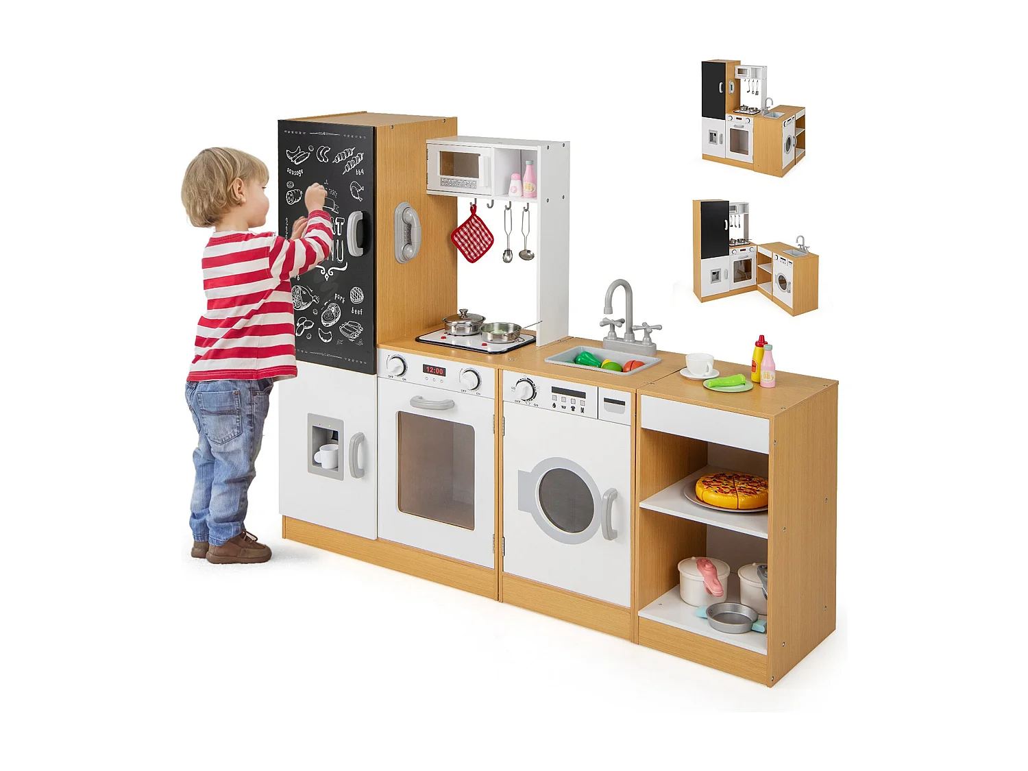 Set cucina per bambini 3 pezzi cucina in legno con suoni e luci realistici natura + bianco