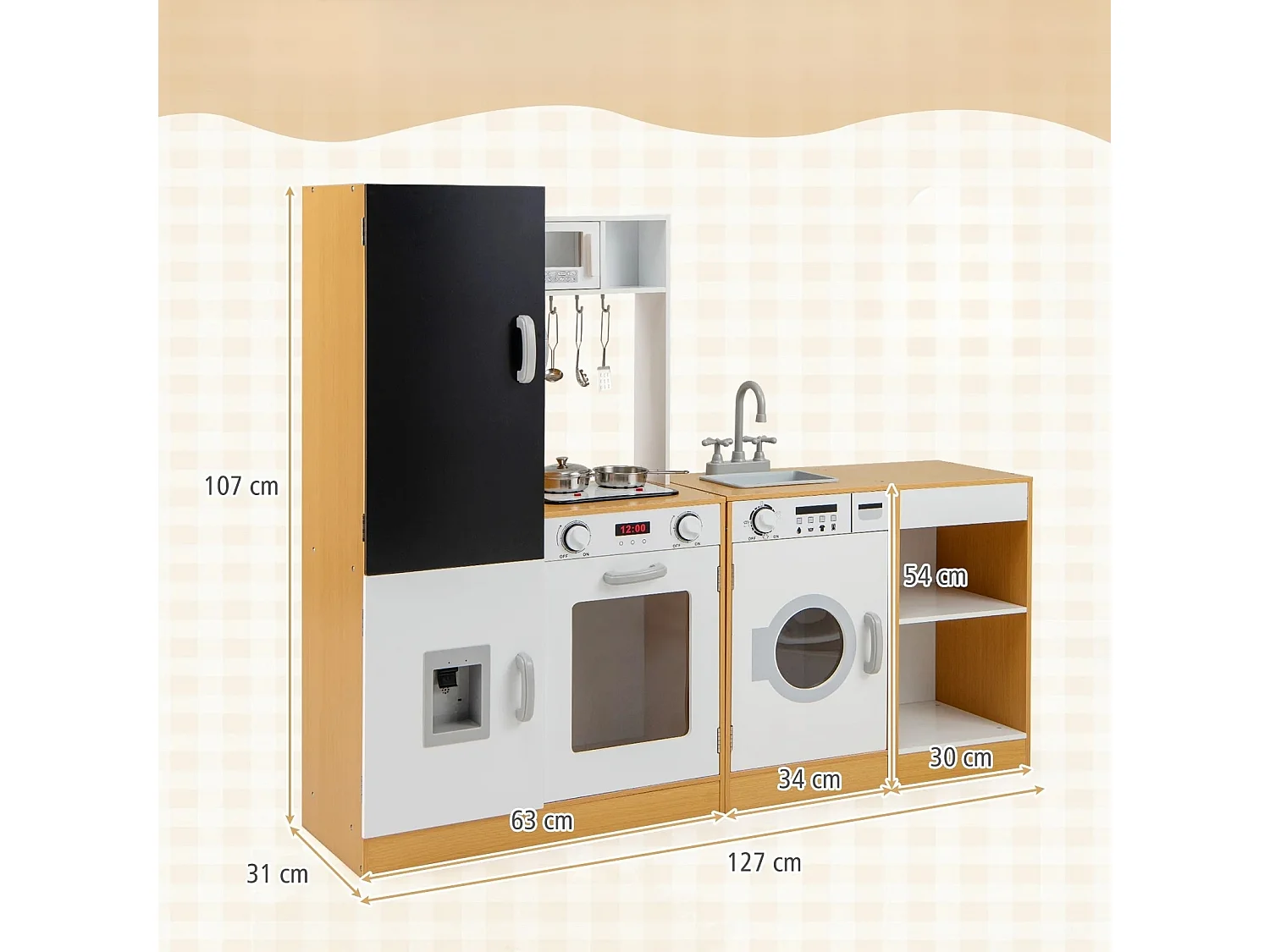 Set cucina per bambini 3 pezzi cucina in legno con suoni e luci realistici natura + bianco