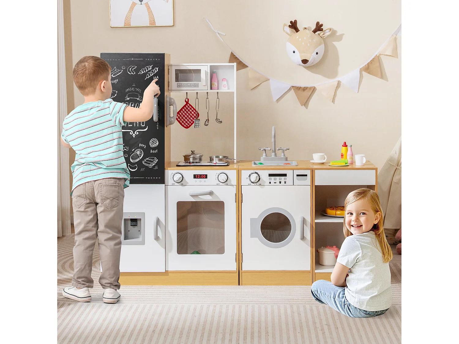 Set cucina per bambini 3 pezzi cucina in legno con suoni e luci realistici natura + bianco