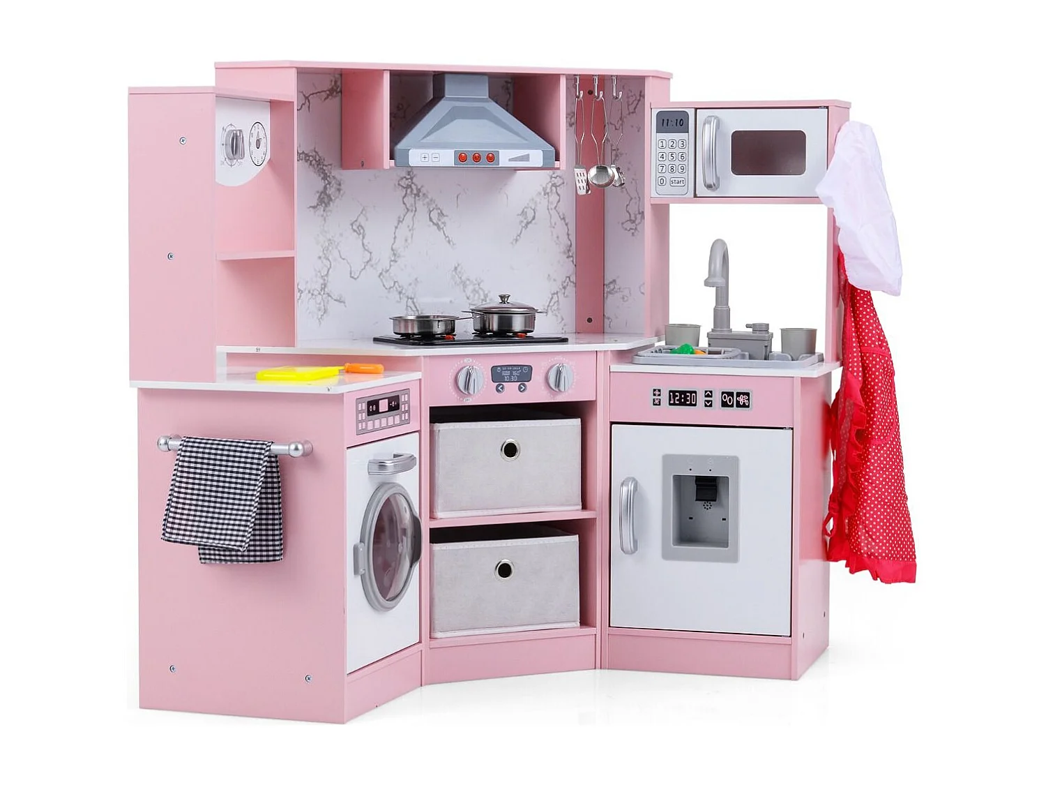 Cucina per bambini in legno con luci e suoni, distributore d'acqua, lavatrice e accessori Cucina da gioco rosa