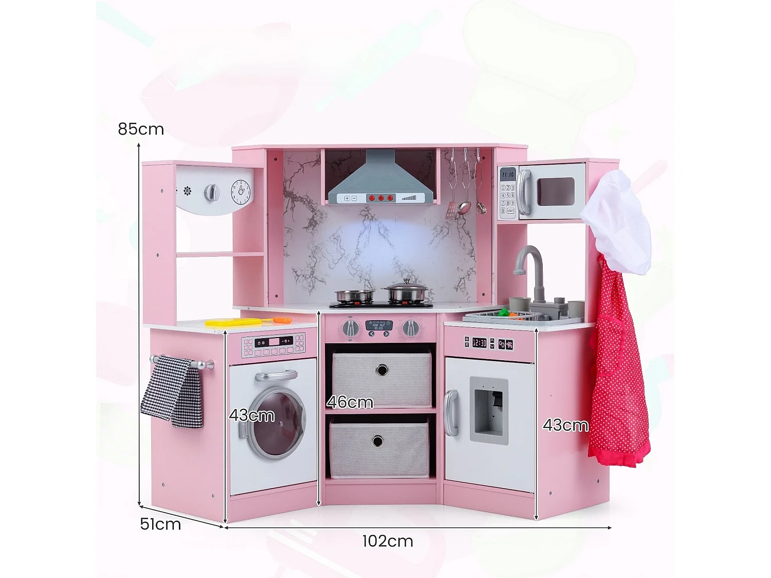 Cucina per bambini in legno con luci e suoni, distributore d'acqua, lavatrice e accessori Cucina da gioco rosa