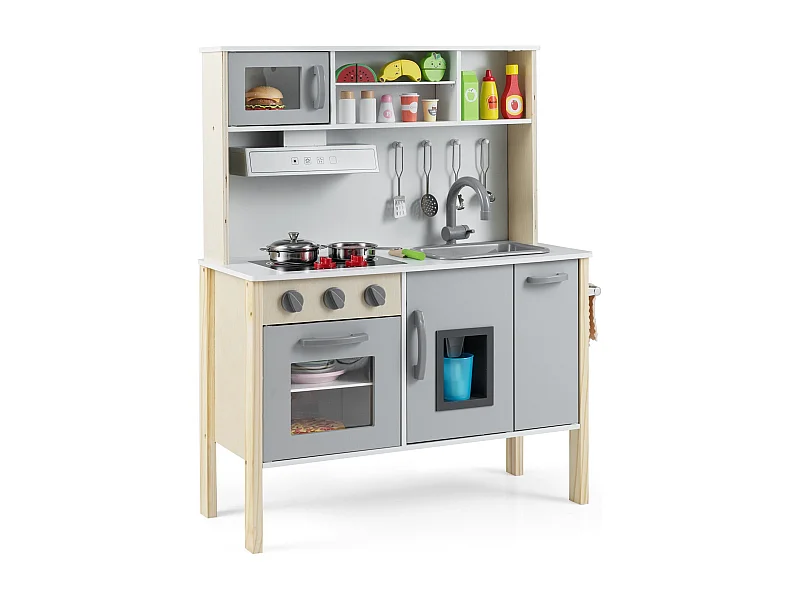 Cucina giocattolo per bambini in legno, Cucina da gioco con microonde cappa aspirante lavello giocattolo Bianco e grigio