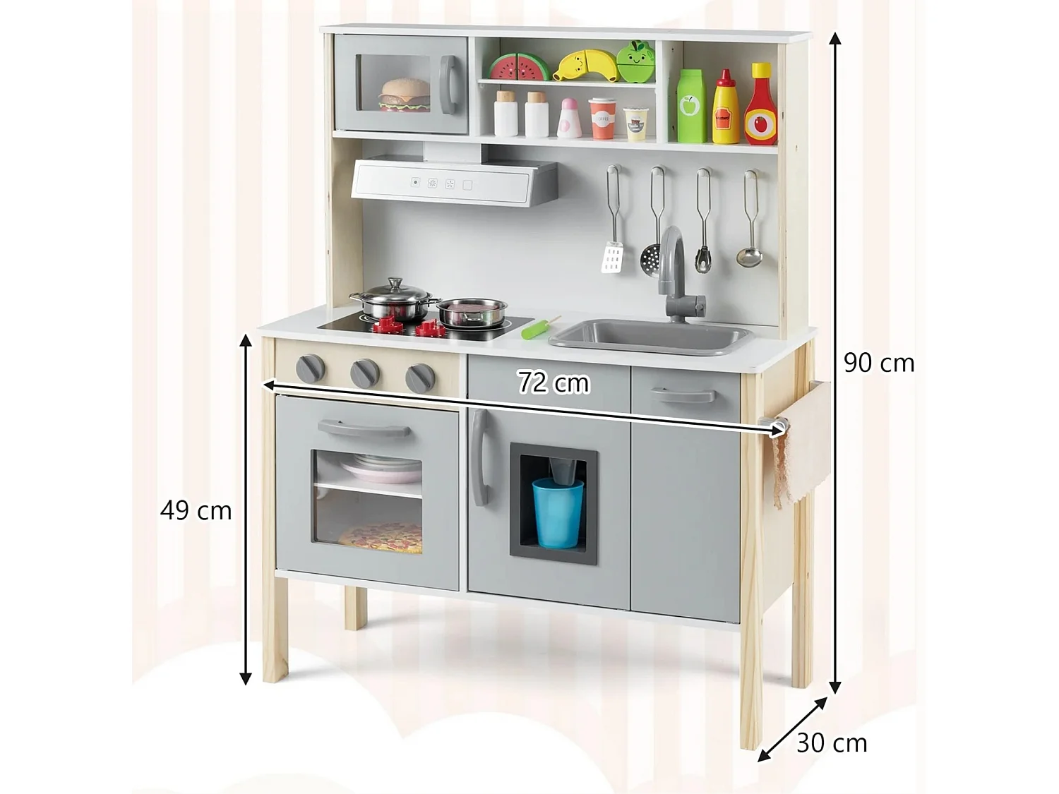 Cucina giocattolo per bambini in legno, Cucina da gioco con microonde cappa aspirante lavello giocattolo Bianco e grigio