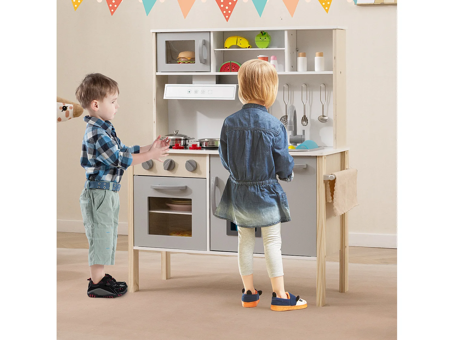 Cucina giocattolo per bambini in legno, Cucina da gioco con microonde cappa aspirante lavello giocattolo Bianco e grigio