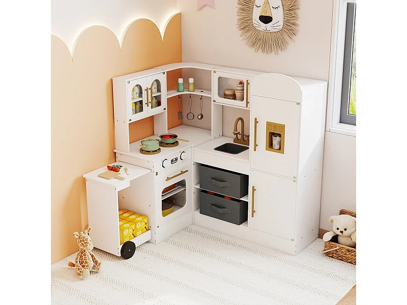 Cucina ad angolo con luci e suoni Set da gioco in legno con piano di lavoro estraibile Lavello Fornello Forno Frigorifero Bianco