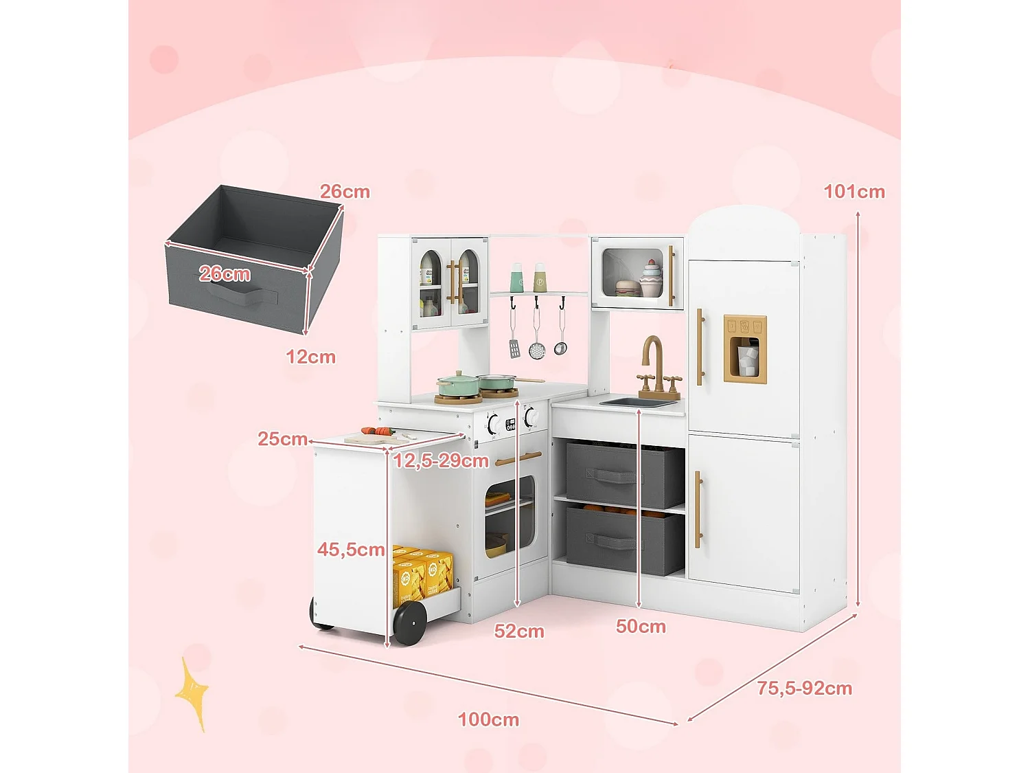 Cucina ad angolo con luci e suoni Set da gioco in legno con piano di lavoro estraibile Lavello Fornello Forno Frigorifero Bianco