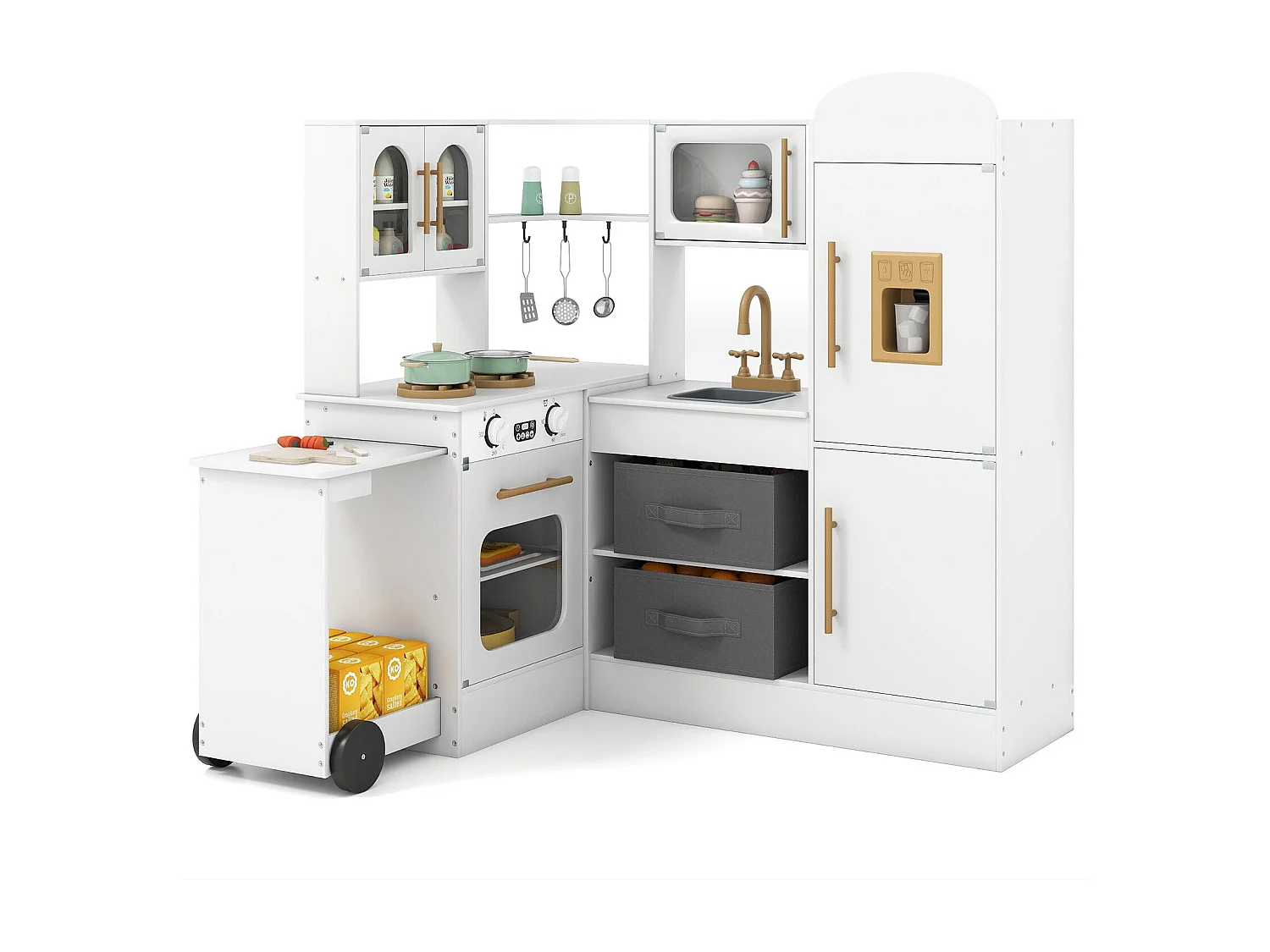 Cucina ad angolo con luci e suoni Set da gioco in legno con piano di lavoro estraibile Lavello Fornello Forno Frigorifero Bianco