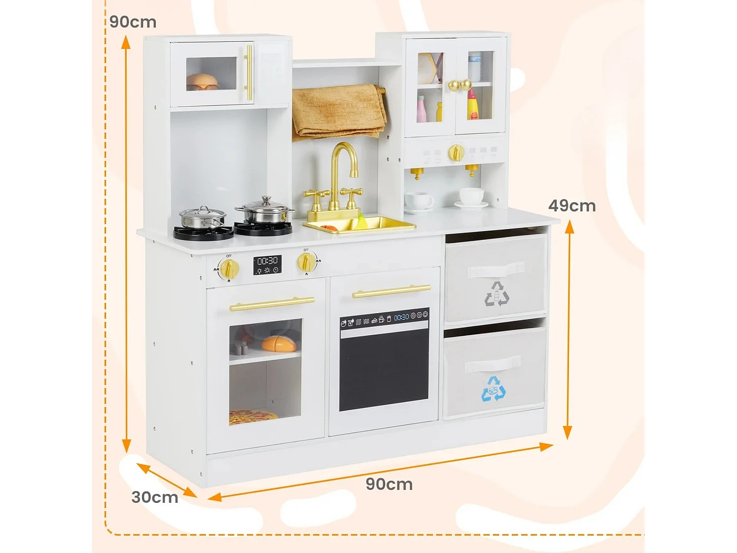 Set da gioco cucina per bambini Cucina in legno con fornello Suono e luce Macchina da caffè Rubinetto e pentole Bianco