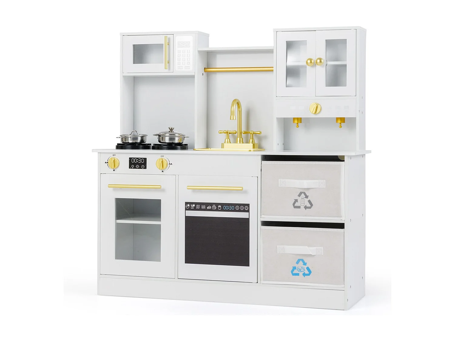 Set da gioco cucina per bambini Cucina in legno con fornello Suono e luce Macchina da caffè Rubinetto e pentole Bianco