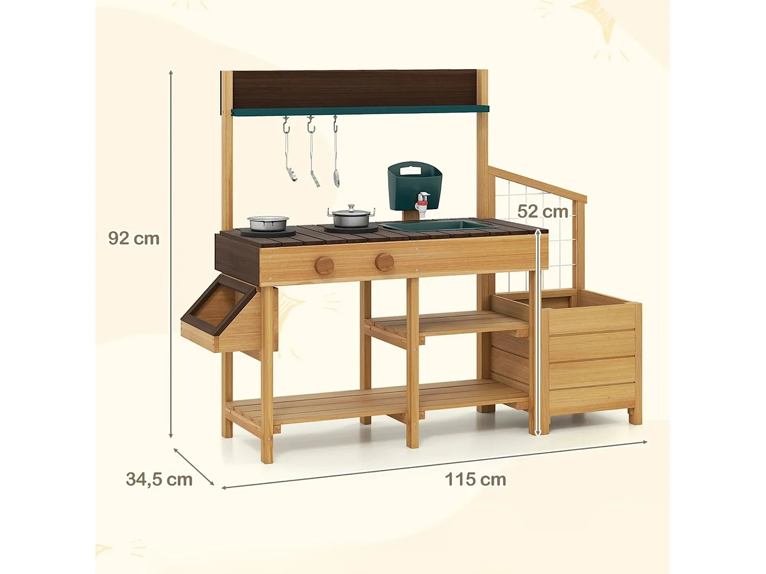 Cucina di fango per bambini con fioriera e traliccio Cucina per bambini all'aperto con funzione idrica Natura + marrone