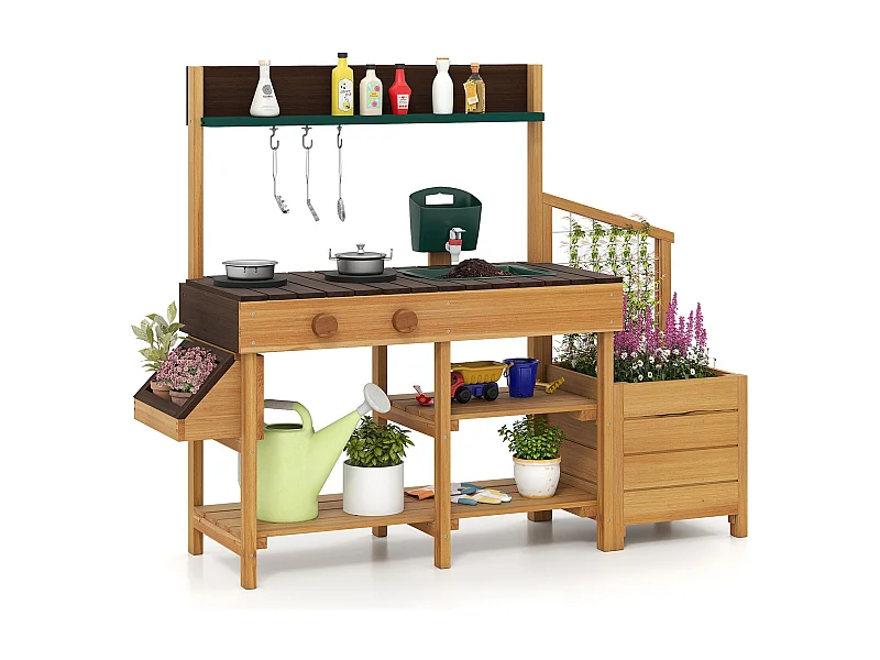 Cucina di fango per bambini con fioriera e traliccio Cucina per bambini all'aperto con funzione idrica Natura + marrone