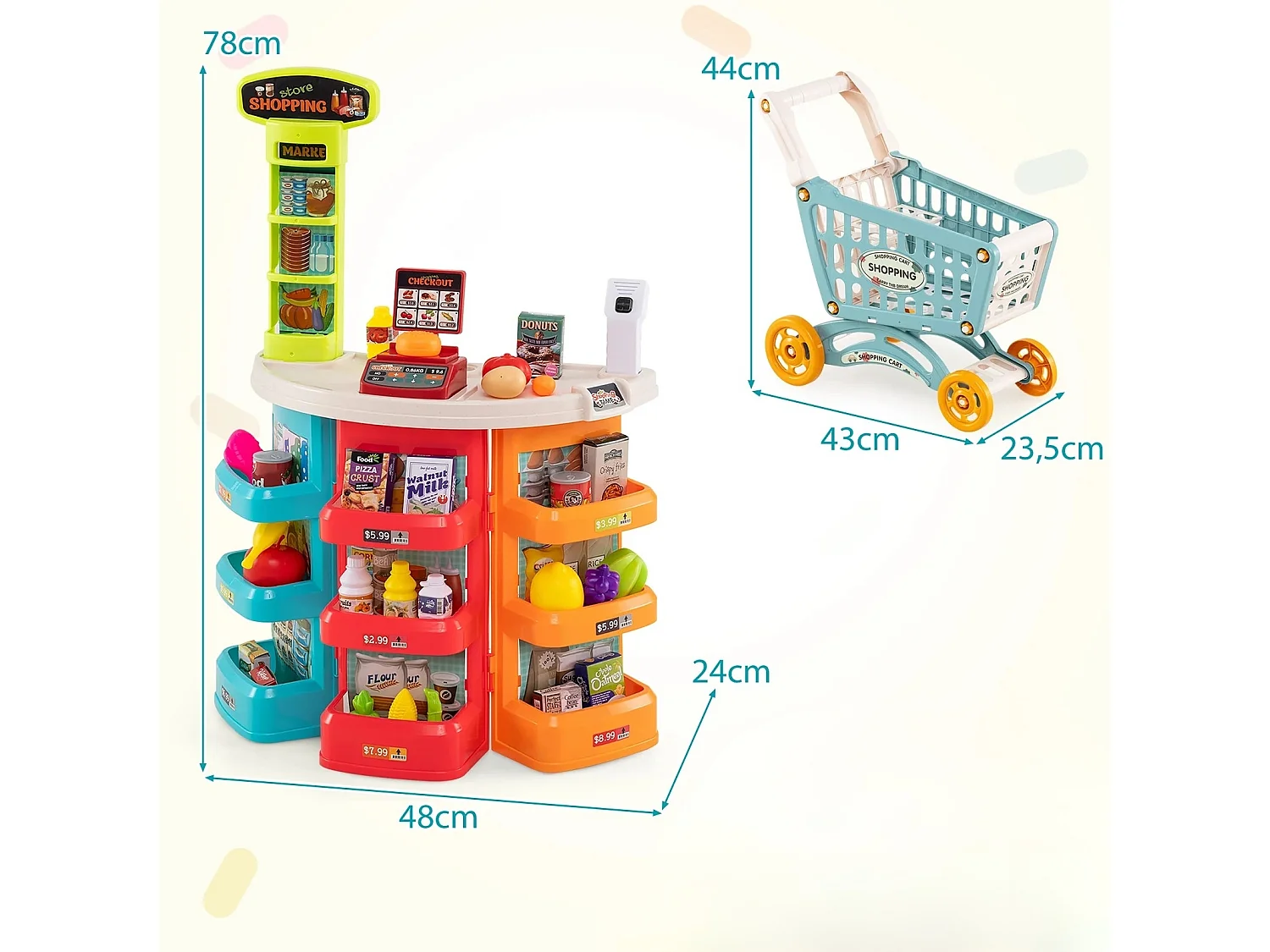 Supermercato da 76 pezzi con carrello della spesa Negozio con bilancia e scanner Negozio blu