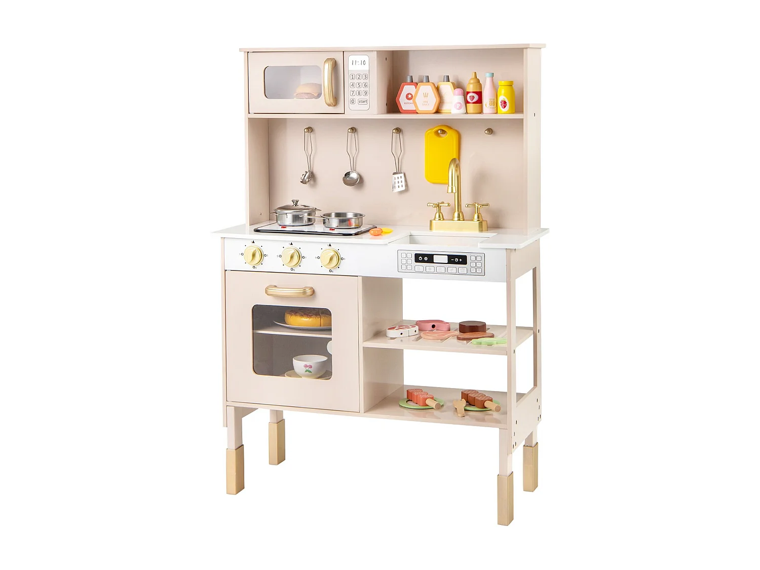 Cucina da gioco Cucina in legno regolabile in altezza con luci e suoni Piano cottura a microonde Lavello Forno Giallo