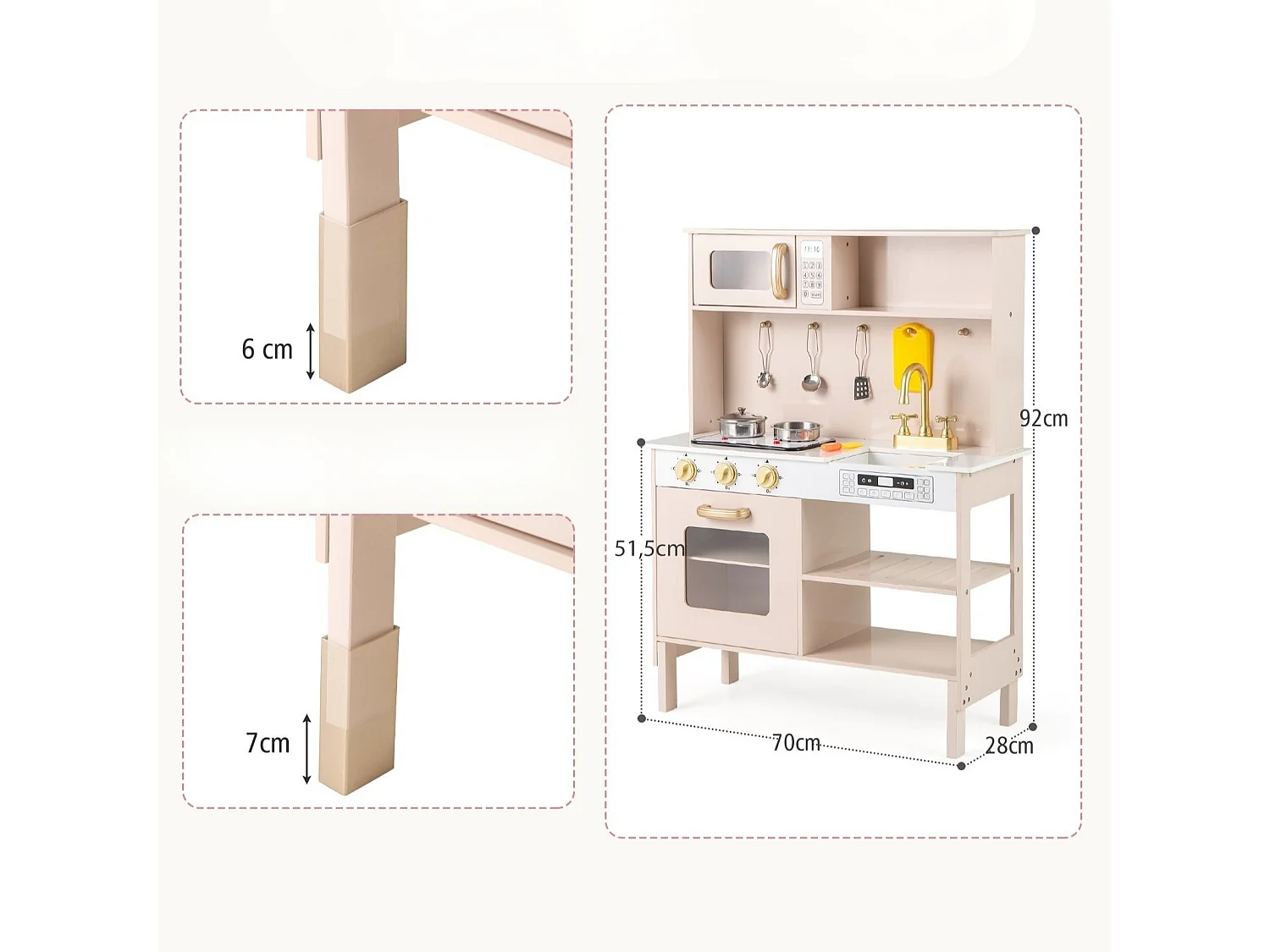 Cuisine Enfant Réglable en Hauteur Cuisine en Bois avec Lumières et Sons Réels Micro-ondes Plaques de Cuisson Évier Four pour 3+ Ans Rose