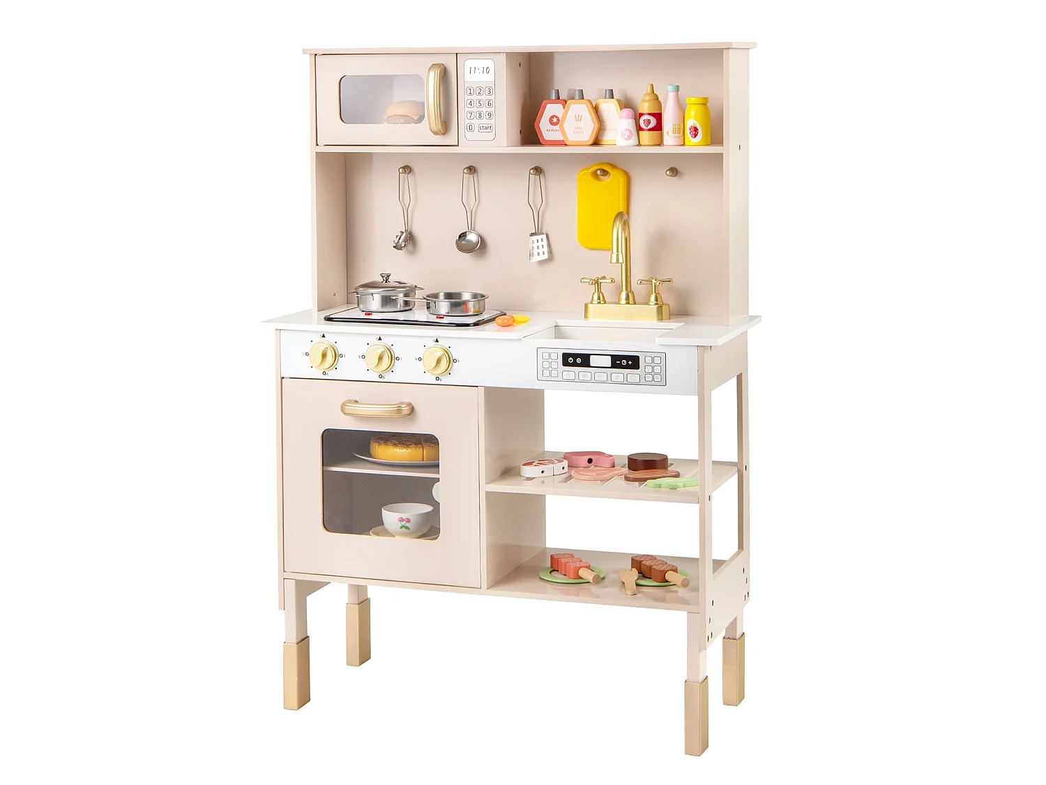 Cuisine Enfant Réglable en Hauteur Cuisine en Bois avec Lumières et Sons Réels Micro-ondes Plaques de Cuisson Évier Four pour 3+ Ans Rose