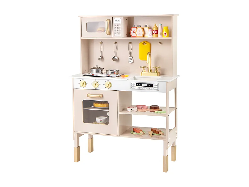 Cucina da gioco Cucina in legno regolabile in altezza con luci e suoni Piano cottura a microonde Lavello Forno Giallo