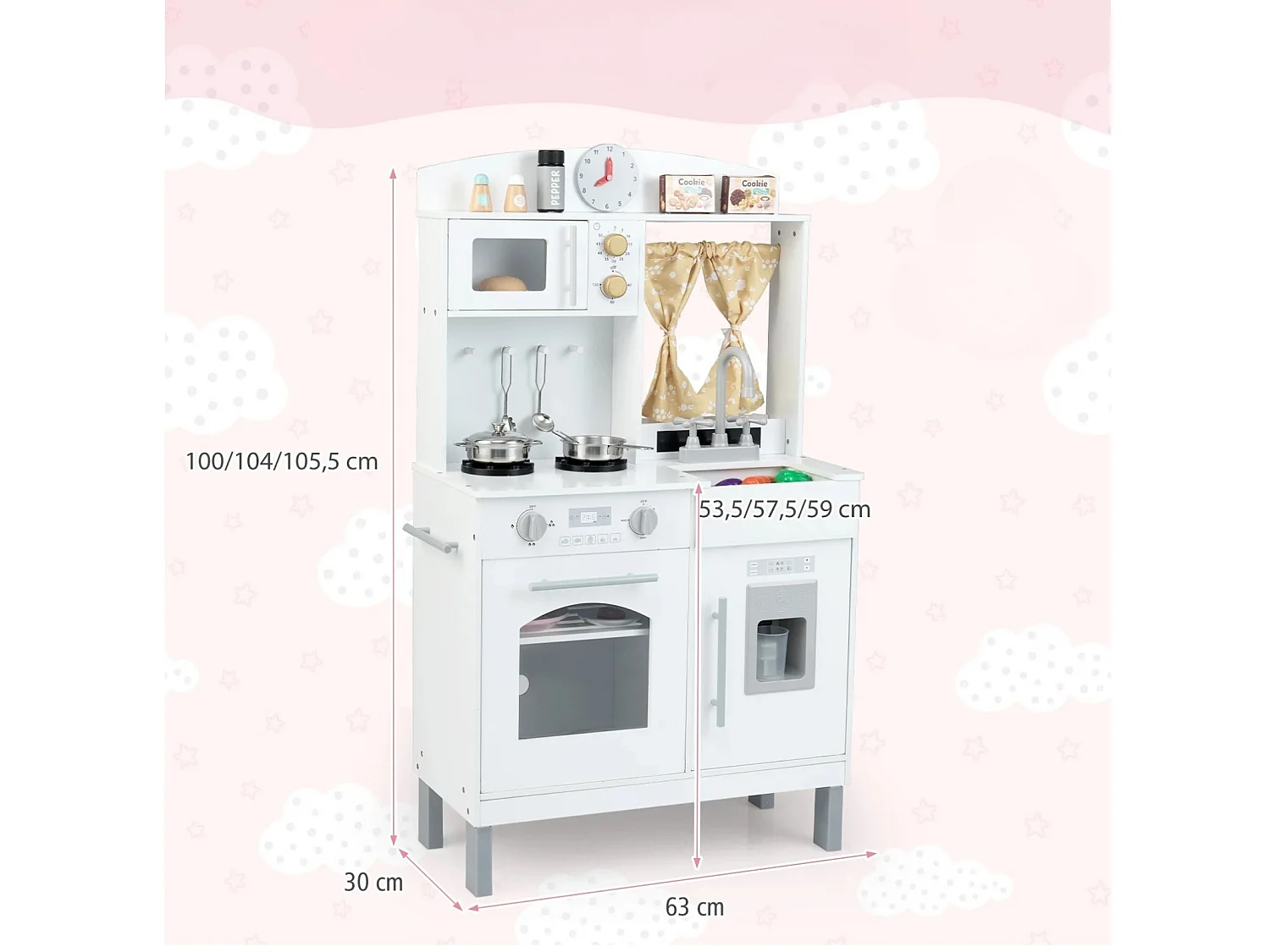 Cucina per bambini in legno Cucina per bambini con 3 altezze Forno a microonde Fornello Lavello Forno Gelatiera Bianco