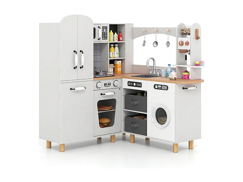 Kinder Eck Spielküche mit Doppeltür-Kühlschrank & Kaffeemaschine & Waschmaschine Holzküche Weiß