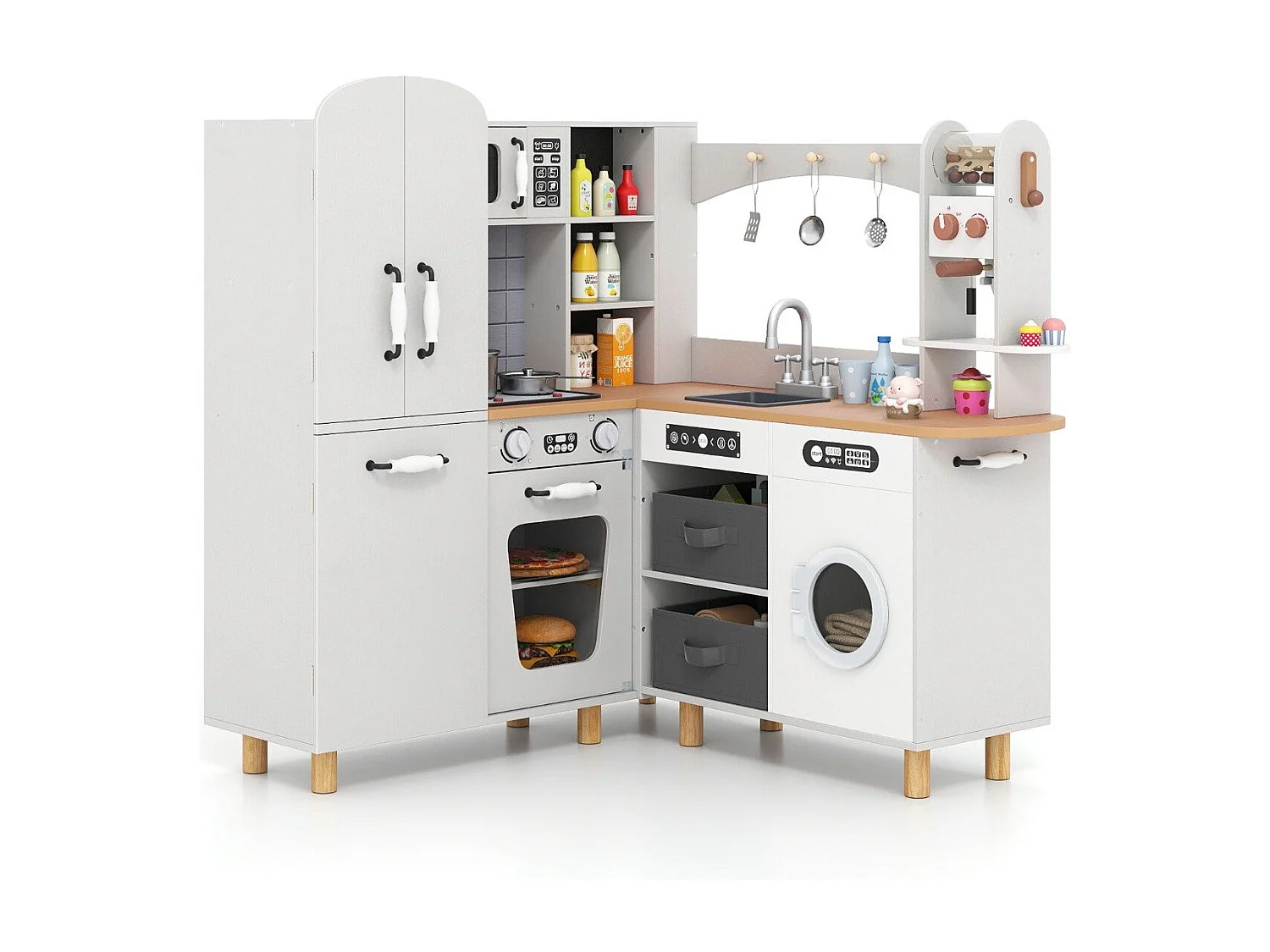 Kinder Eck Spielküche mit Doppeltür-Kühlschrank & Kaffeemaschine & Waschmaschine Holzküche Weiß