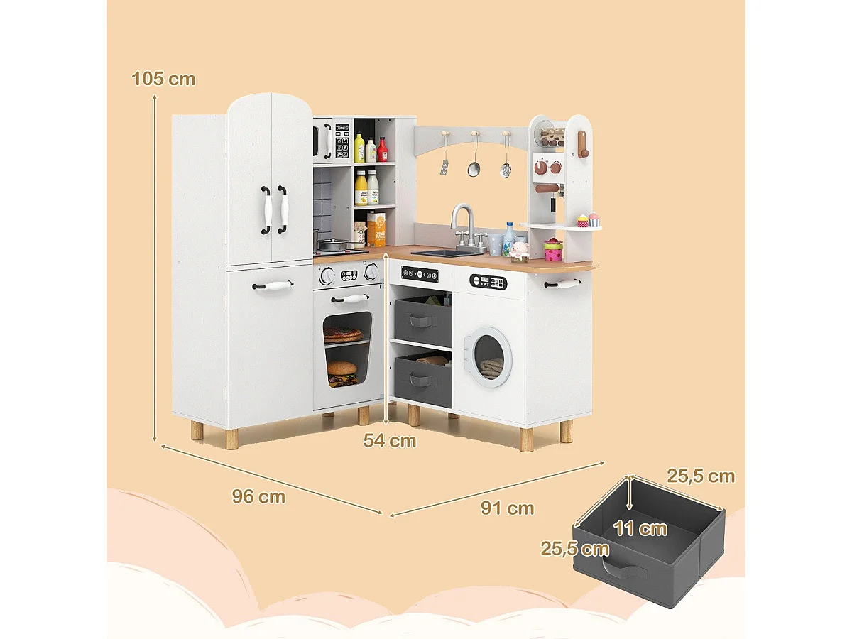 Kinder Eck Spielküche mit Doppeltür-Kühlschrank & Kaffeemaschine & Waschmaschine Holzküche Weiß
