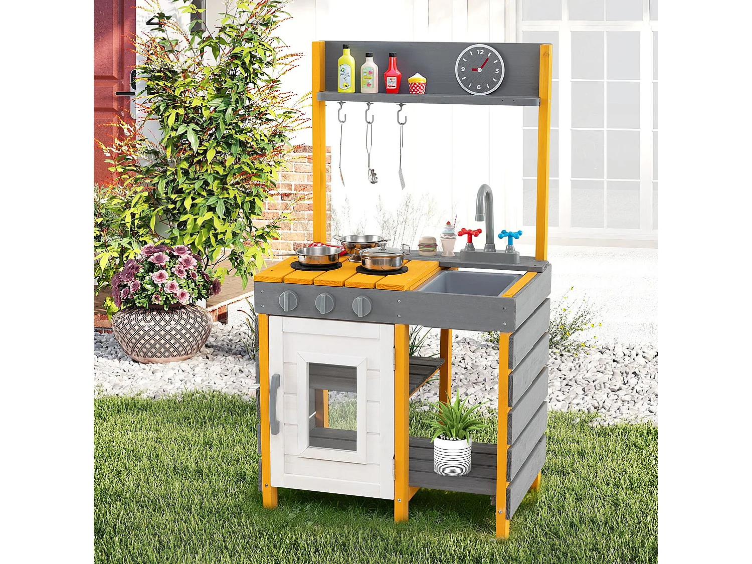 Cucina per bambini da esterno con fornello, lavello e rubinetto estraibili Cucina per bambini da esterno