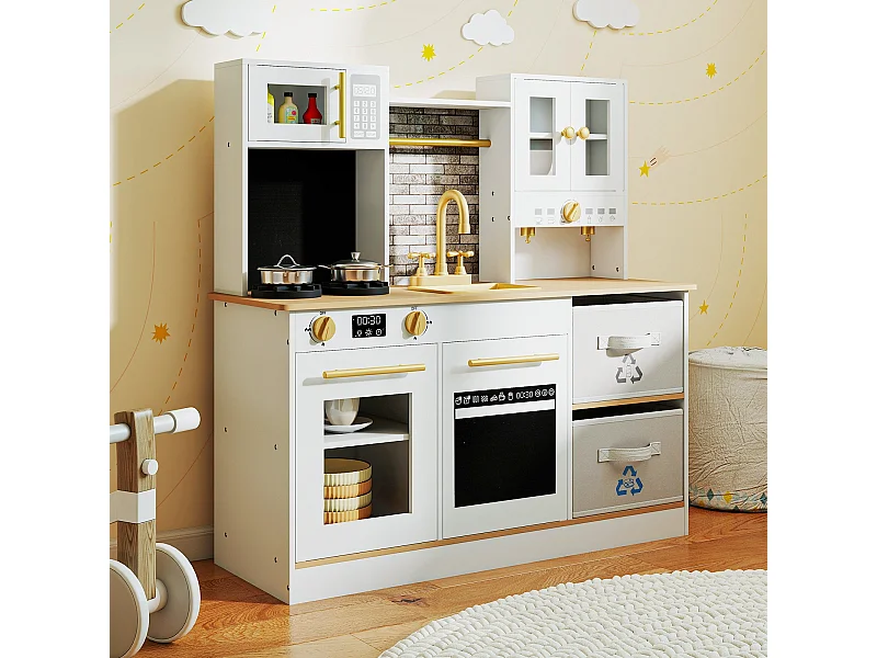 Set da gioco cucina per bambini Cucina in legno con fornelli Suono e luce Macchina per il caffè Rubinetto e pentole Natura