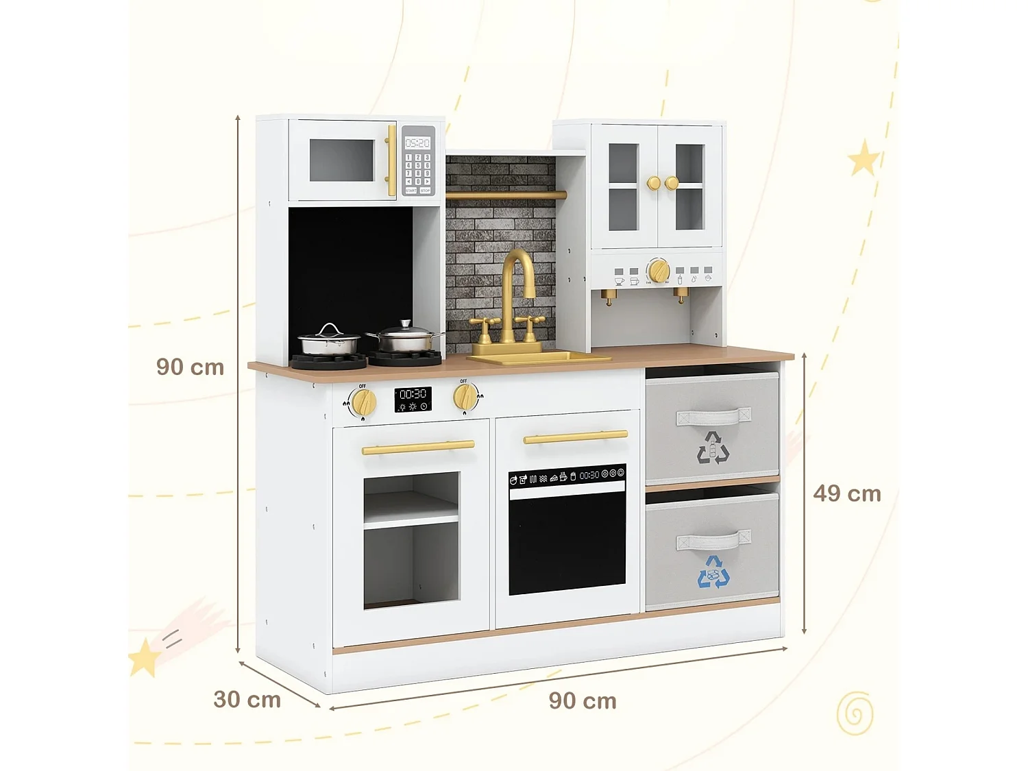 Set da gioco cucina per bambini Cucina in legno con fornelli Suono e luce Macchina per il caffè Rubinetto e pentole Natura