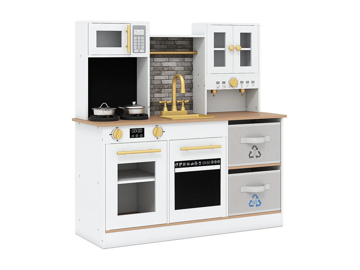 Set da gioco cucina per bambini Cucina in legno con fornelli Suono e luce Macchina per il caffè Rubinetto e pentole Natura