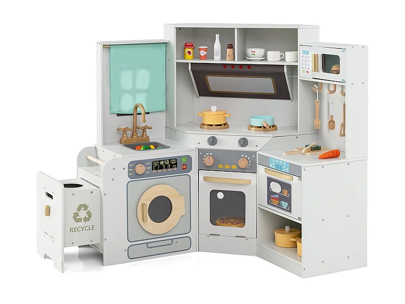 Cucina ad angolo con luci e suoni Cucina in legno con cestino estraibile Tenda Lavello Fornello Microonde Grigio