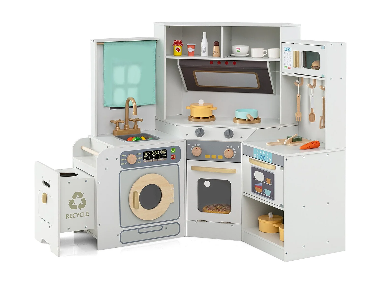 Cucina ad angolo con luci e suoni Cucina in legno con cestino estraibile Tenda Lavello Fornello Microonde Grigio