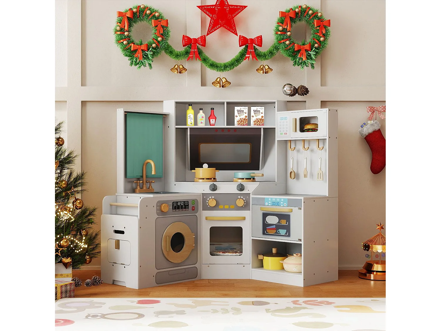 Cucina ad angolo con luci e suoni Cucina in legno con cestino estraibile Tenda Lavello Fornello Microonde Grigio