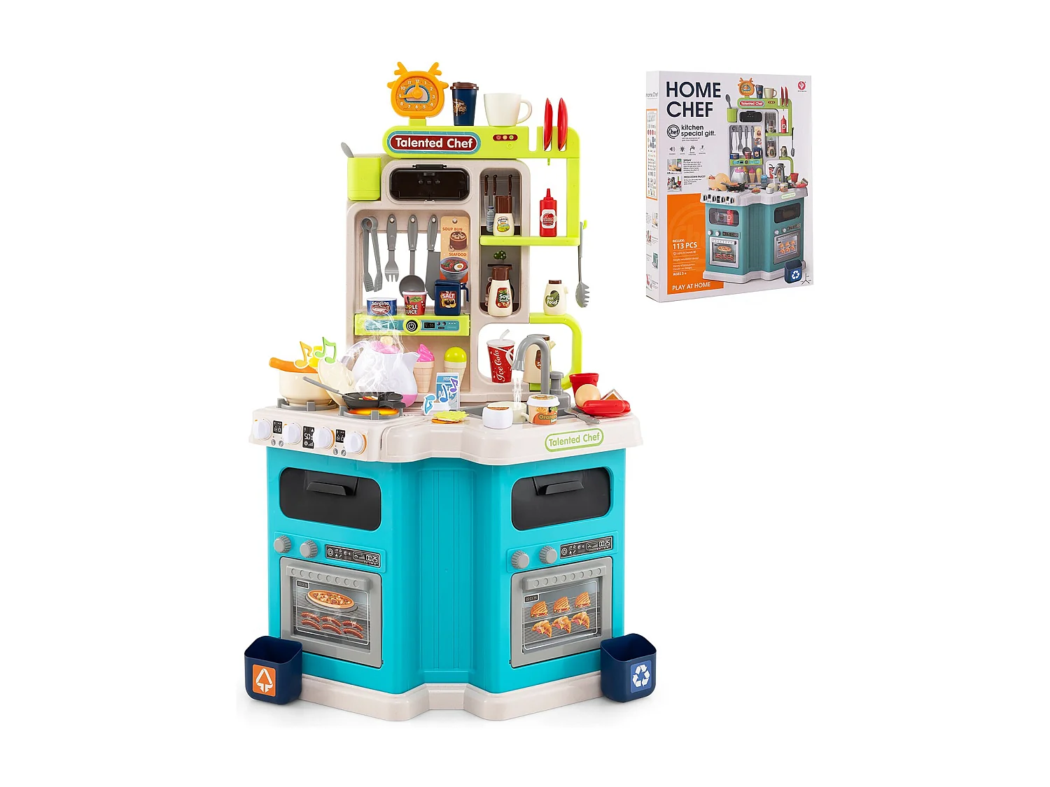 Cucina ad angolo per bambini con suoni e luci Cucina per bambini con fornello, lavello e accessori da 113 pezzi Blu