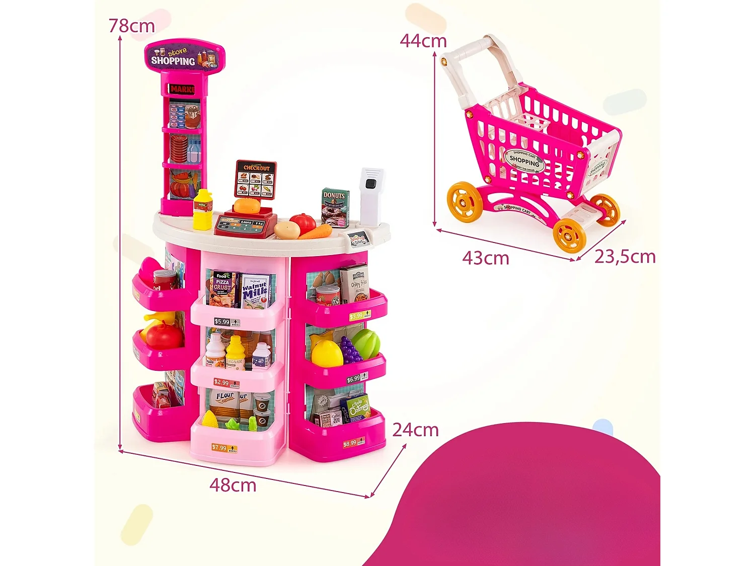 Supermercato da 76 pezzi con carrello della spesa Negozio con bilancia e scanner Negozio di giocattoli Rosa