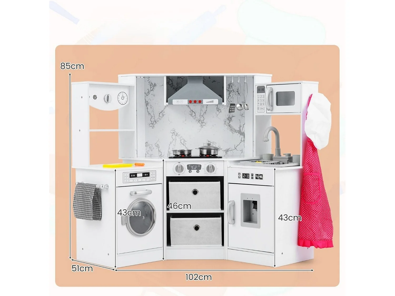 Cucina per bambini in legno con luci e suoni, distributore d'acqua, lavatrice e accessori Cucina da gioco bianca