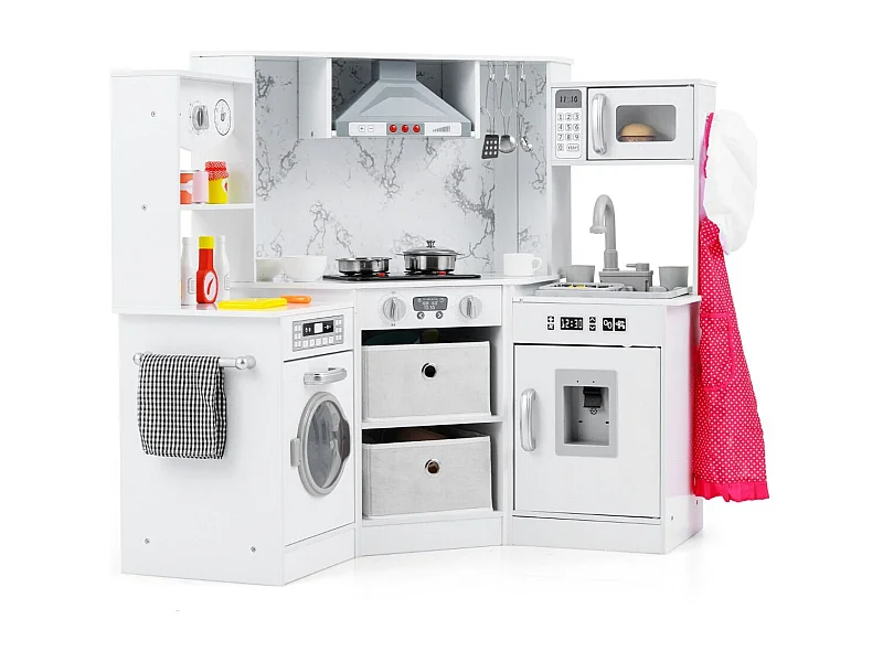 Cucina per bambini in legno con luci e suoni, distributore d'acqua, lavatrice e accessori Cucina da gioco bianca