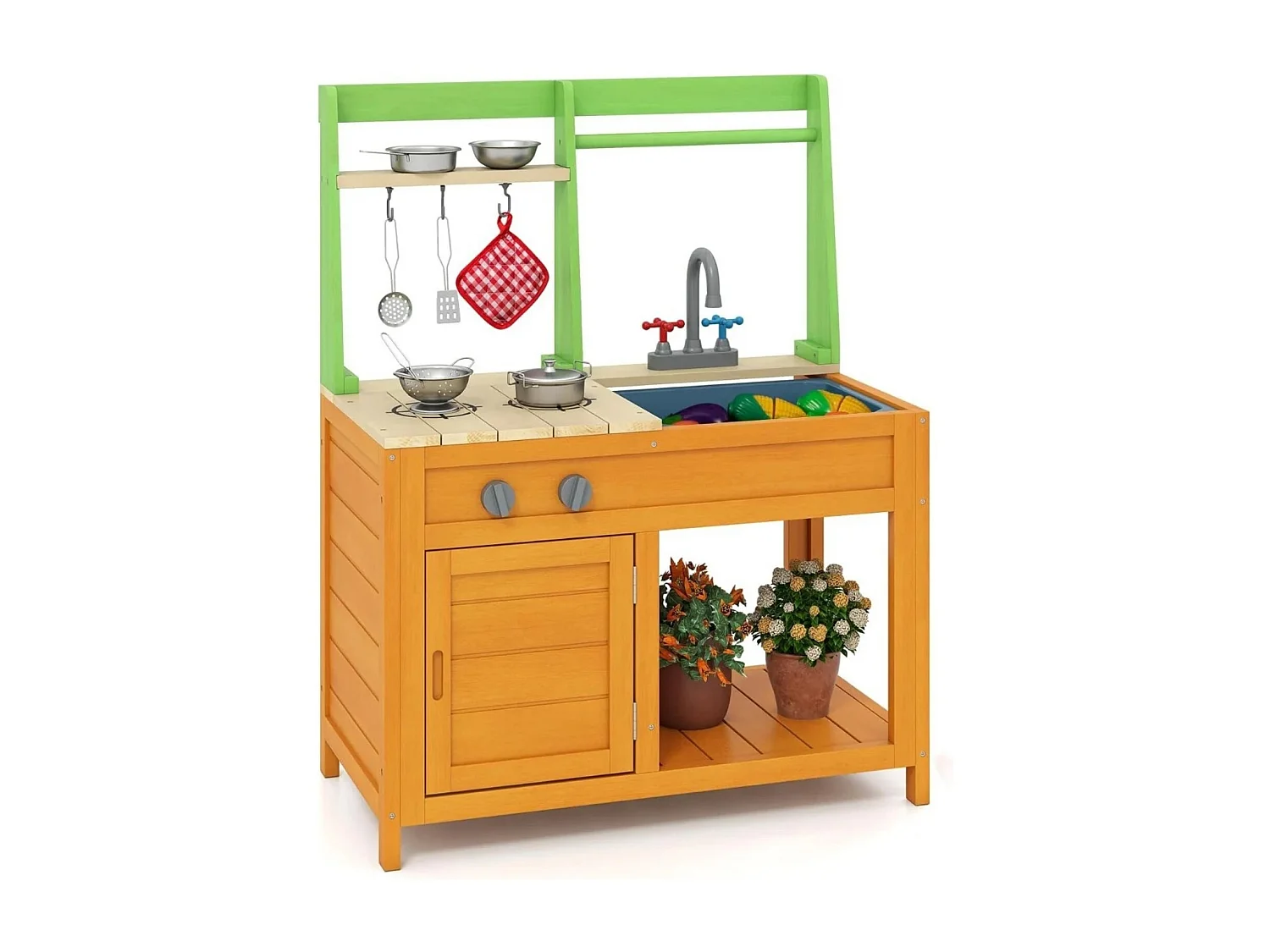 Cucina in legno per bambini con fornelli realistici, Giocattoli da esterno per bambini dai 3+ anni Giallo