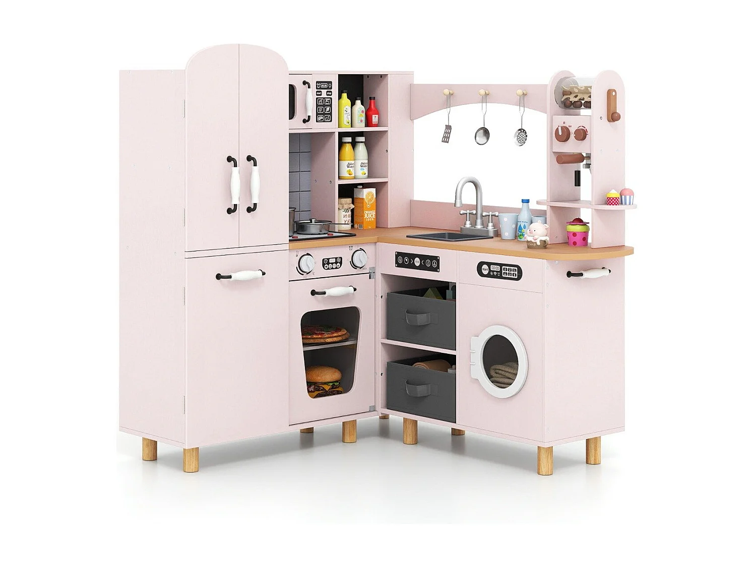 Cuisine d'angle pour enfants avec réfrigérateur à double porte & machine à café & lave-linge Cuisine en bois rose