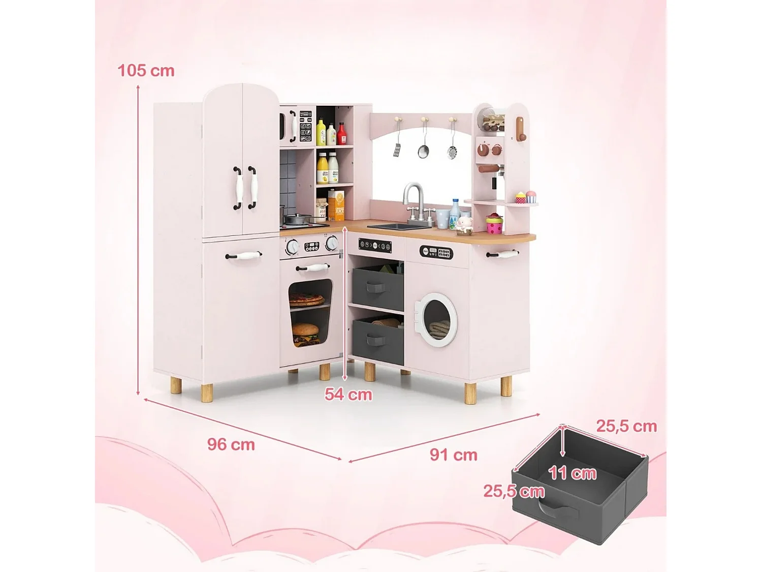 Cuisine d'angle pour enfants avec réfrigérateur à double porte & machine à café & lave-linge Cuisine en bois rose