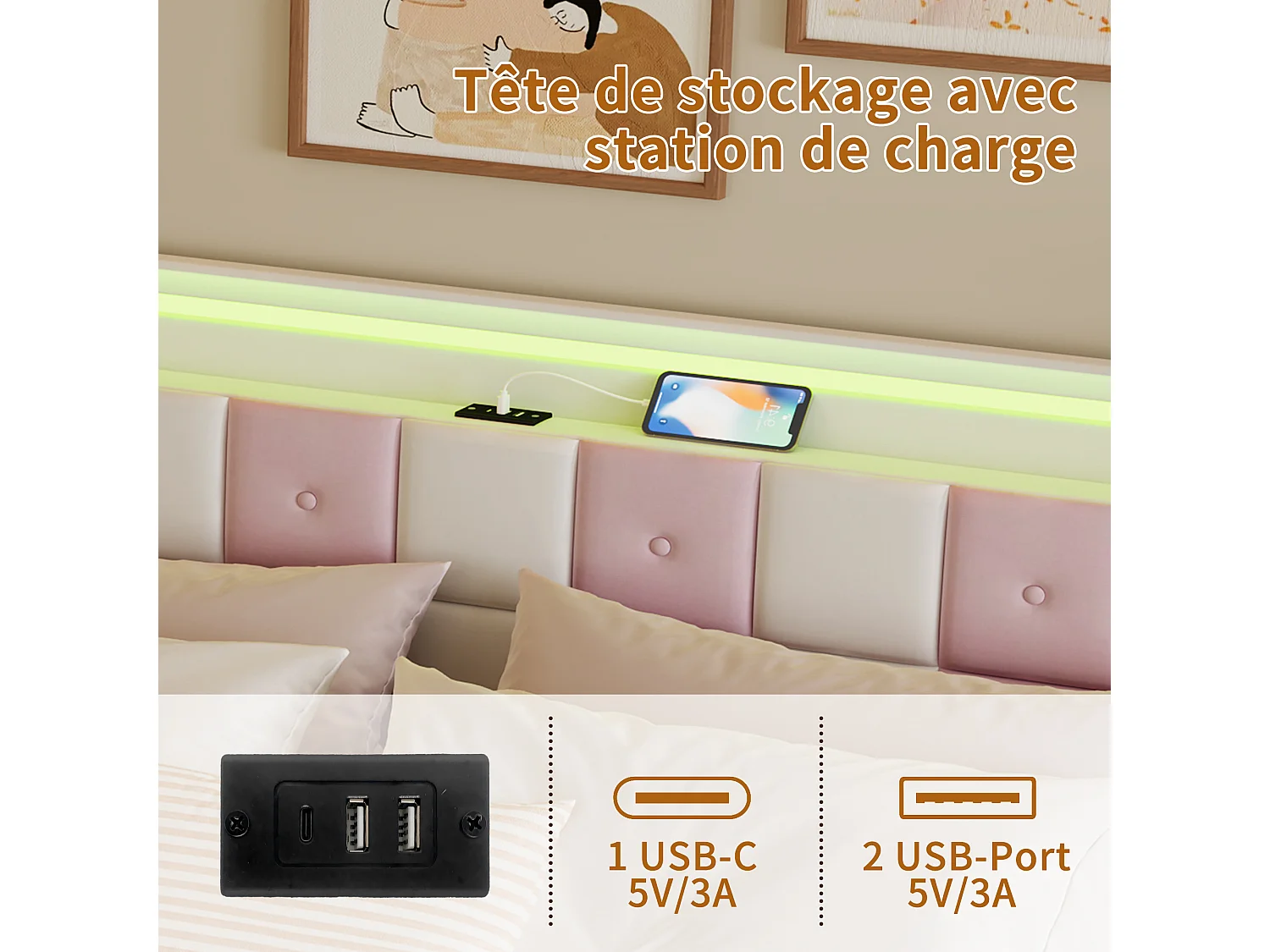 Lit coffre 140×190 cm avec LED RGB, tête de lit avec ports USB et 4 tiroirs de rangement – Velours doux – Design moderne