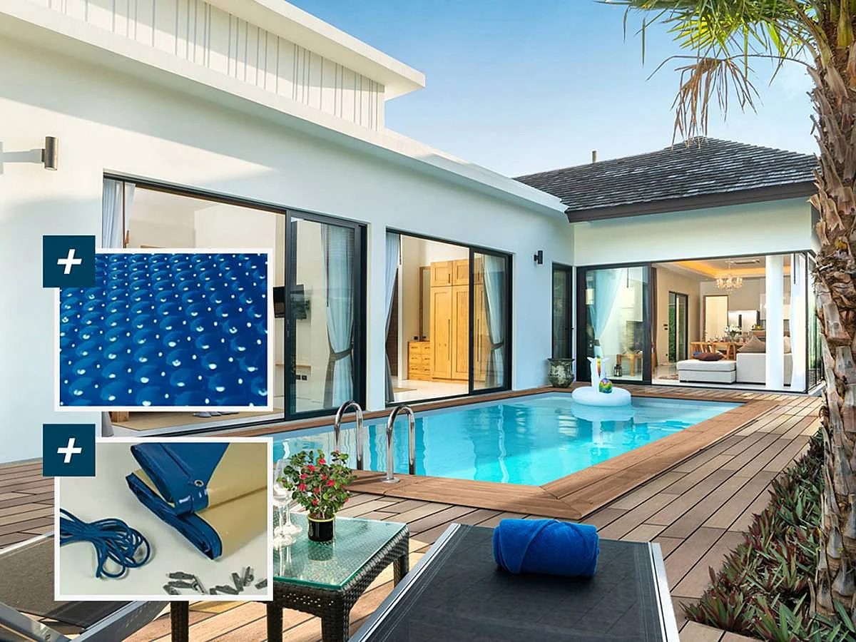 Piscina rettangolare in legno "Aruba 140" - 5,00 x 3,00 x 1,38 m + copertura a bolle da 180 µ - copertura invernale da 280 g/m²