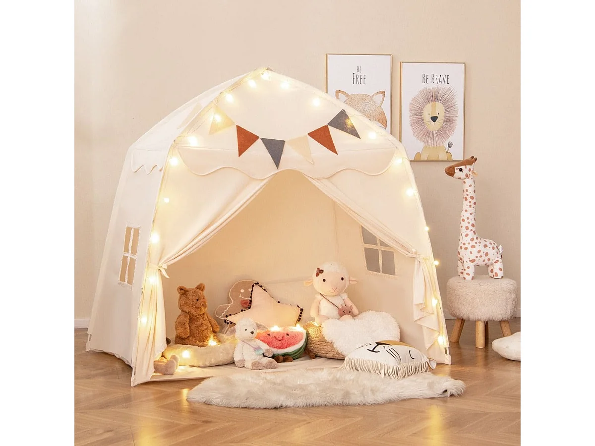Tenda da gioco per bambini portatile e lavabile in lavatrice, Tenda da letto con bandiere e luci a globo Beige
