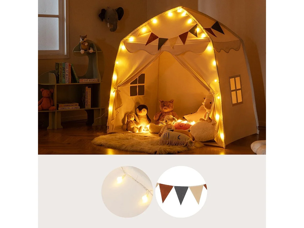 Tenda da gioco per bambini portatile e lavabile in lavatrice, Tenda da letto con bandiere e luci a globo Beige
