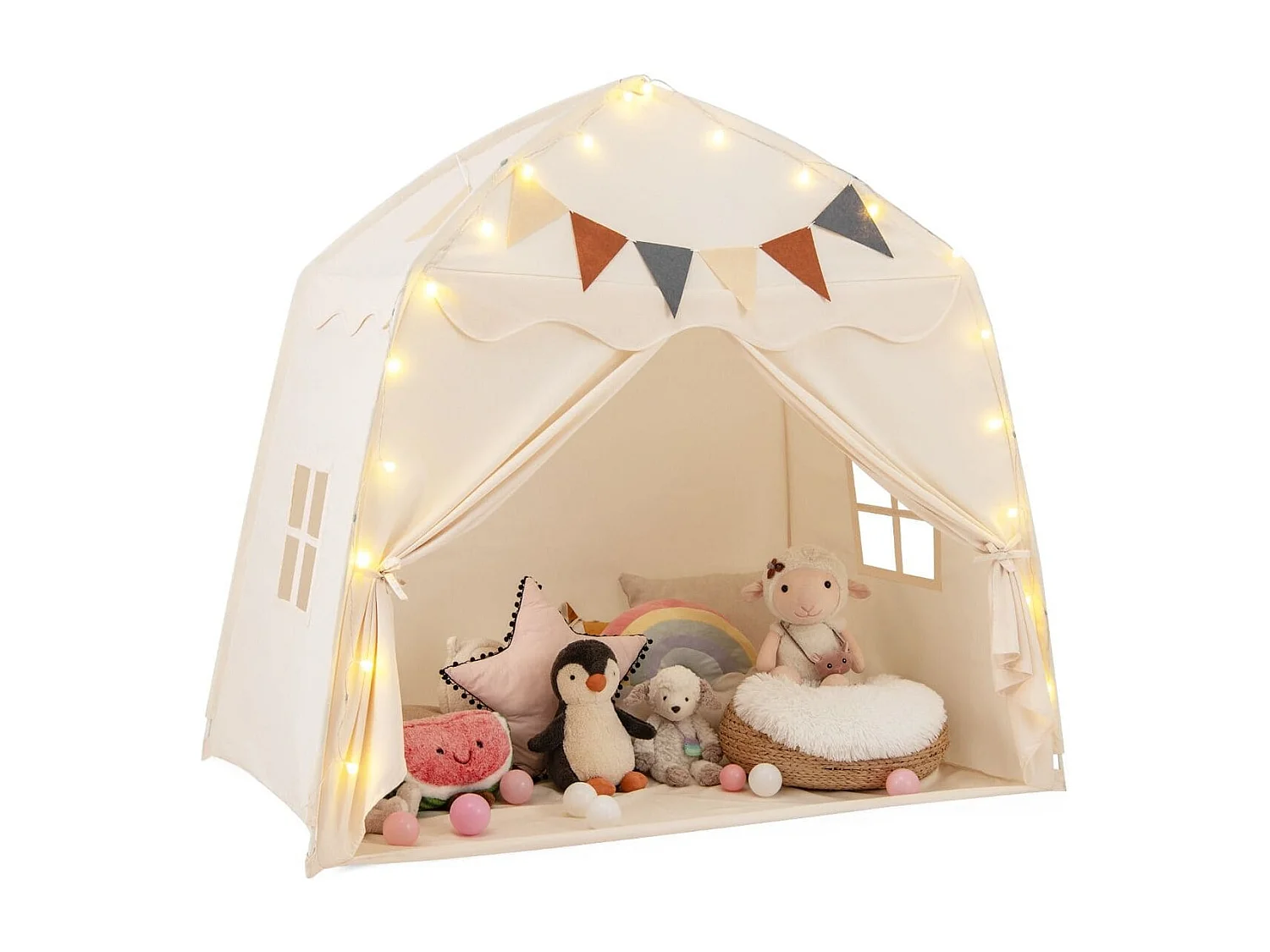 Tenda da gioco per bambini portatile e lavabile in lavatrice, Tenda da letto con bandiere e luci a globo Beige