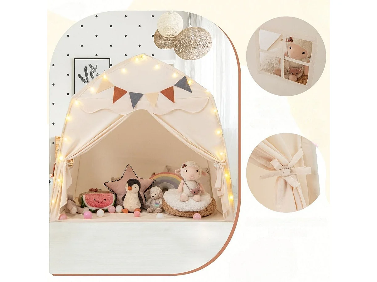 Tenda da gioco per bambini portatile e lavabile in lavatrice, Tenda da letto con bandiere e luci a globo Beige