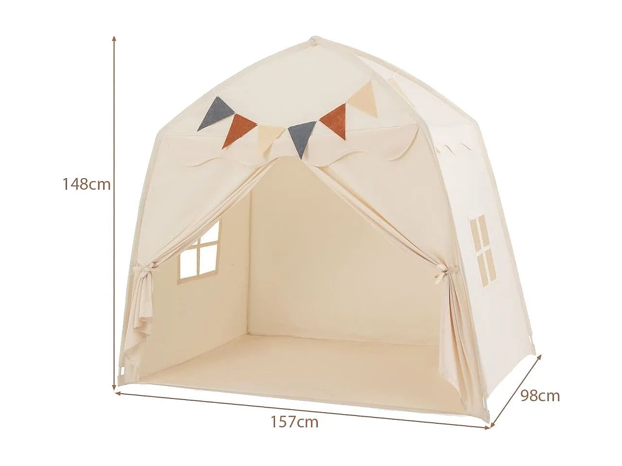 Tenda da gioco per bambini portatile e lavabile in lavatrice, Tenda da letto con bandiere e luci a globo Beige