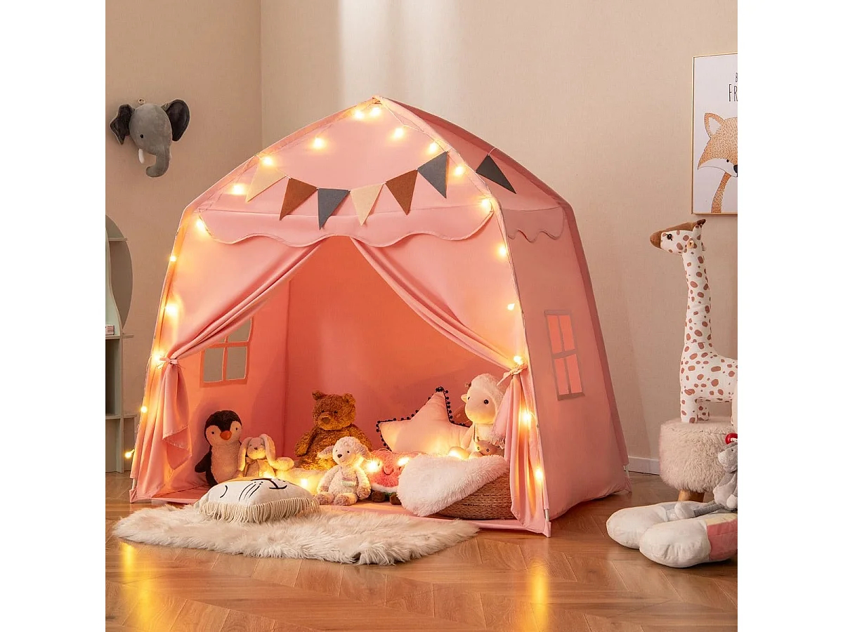 Tenda da gioco per bambini portatile e lavabile in lavatrice, Tenda da letto con bandiere e luci a globo Rosa