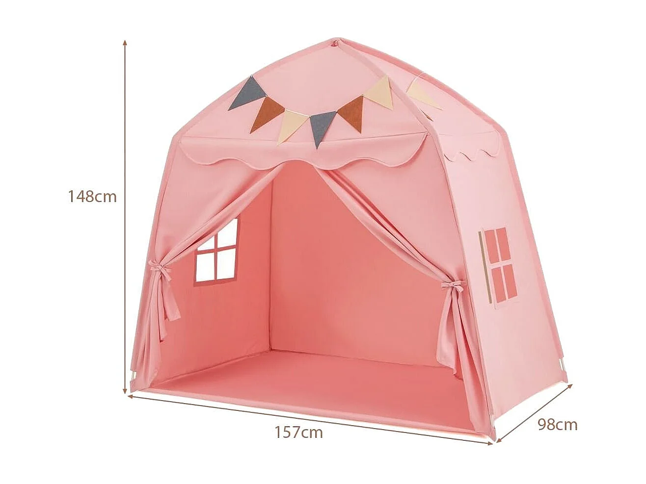Tenda da gioco per bambini portatile e lavabile in lavatrice, Tenda da letto con bandiere e luci a globo Rosa