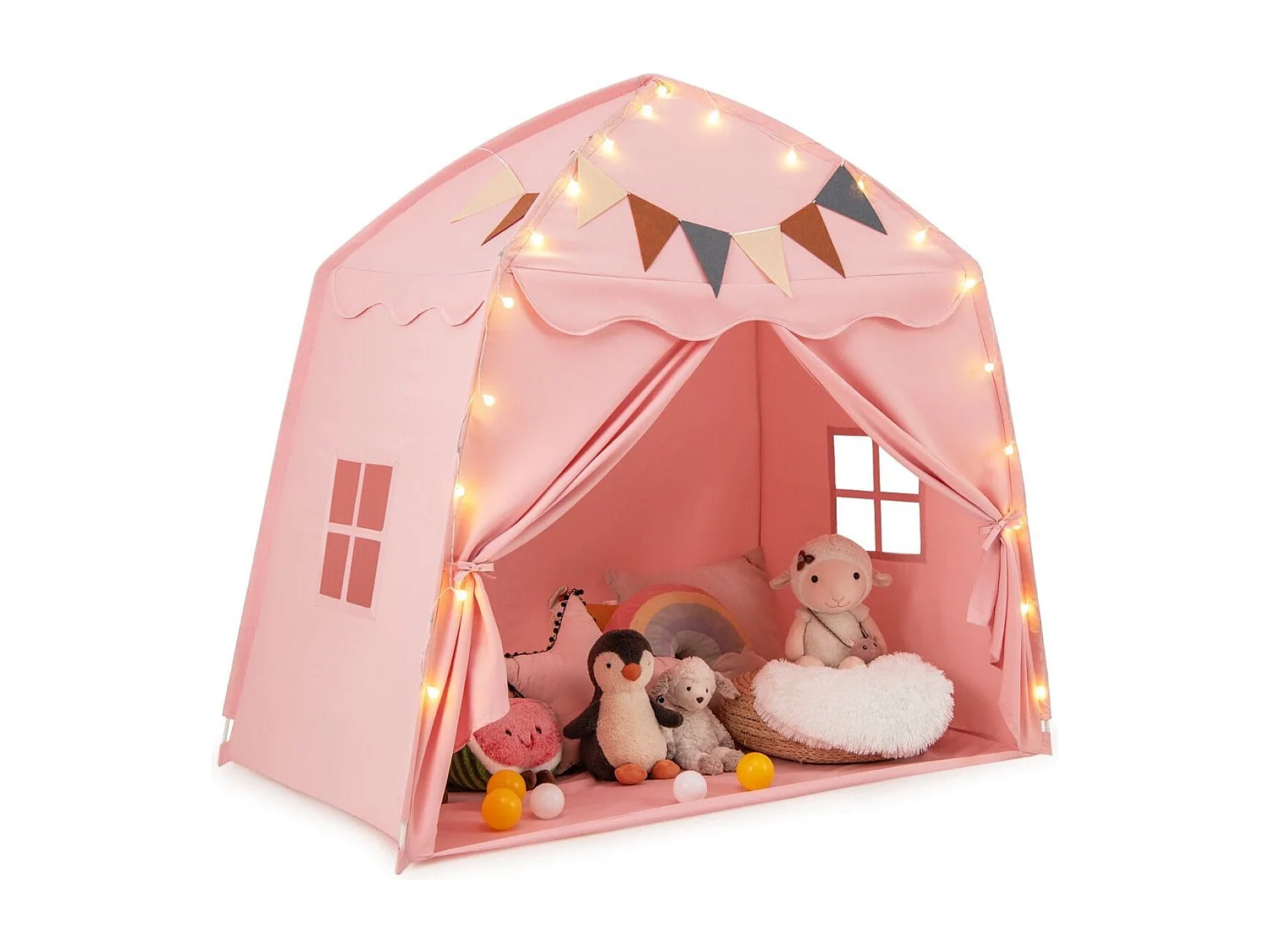 Tenda da gioco per bambini portatile e lavabile in lavatrice, Tenda da letto con bandiere e luci a globo Rosa